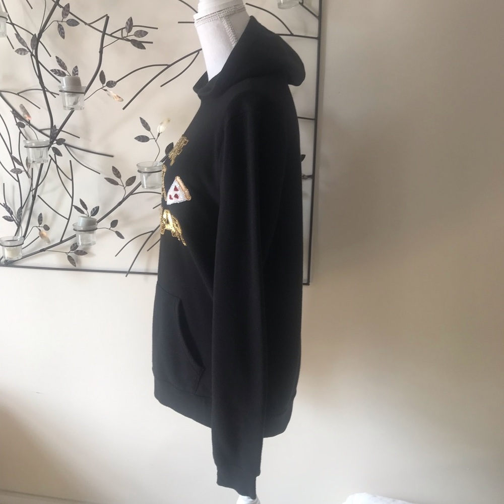 Bow & Drape Black Hoodie Sweatshirt 'Make Pizza Not War' Sequin Detail Sz medium - Picture 5 of 7